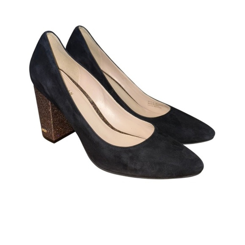 Cole Haan Womens 7.5B Pre-Owned Grand Black Suede Glitter Block Pump Dress Shoes